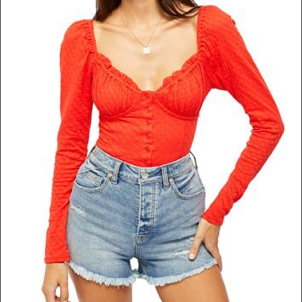 Free People Ladybug Long Sleeve Red Button Up Top